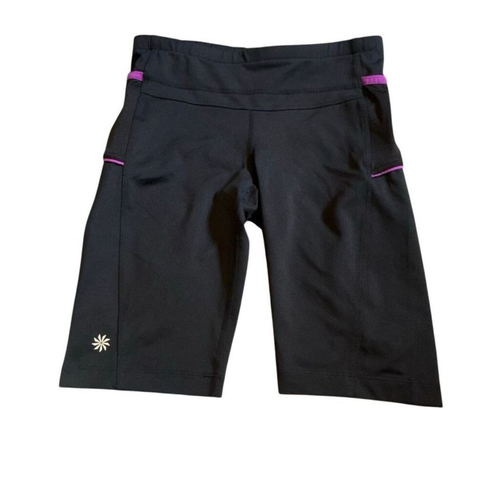 Athleta 10” Women’s Black Bike Shorts with Purple Trim